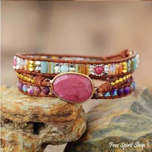 Natural Rhodonite & Jasper Wrap Bracelet by Free Spirit