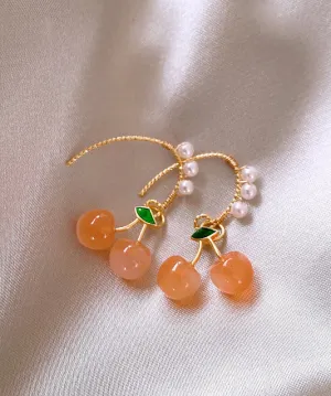 Novelty Orange Copper Alloy Cherry Pearl Hoop Earrings WH040