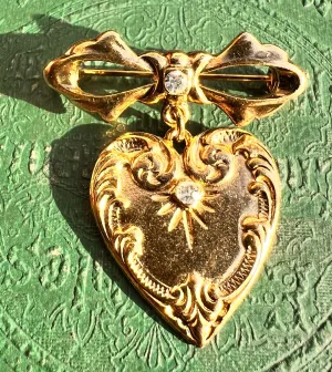 Ornate Gold Plated Heart and Bow Vintage Brooch