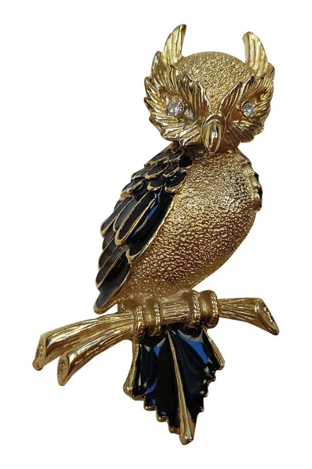 OWL BROOCH Vintage Gold Tone White Crystal Eyes Black Enamel Feathers