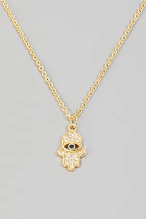 Pave Hamsa Rhinestone Hand Pendant Necklace in Gold