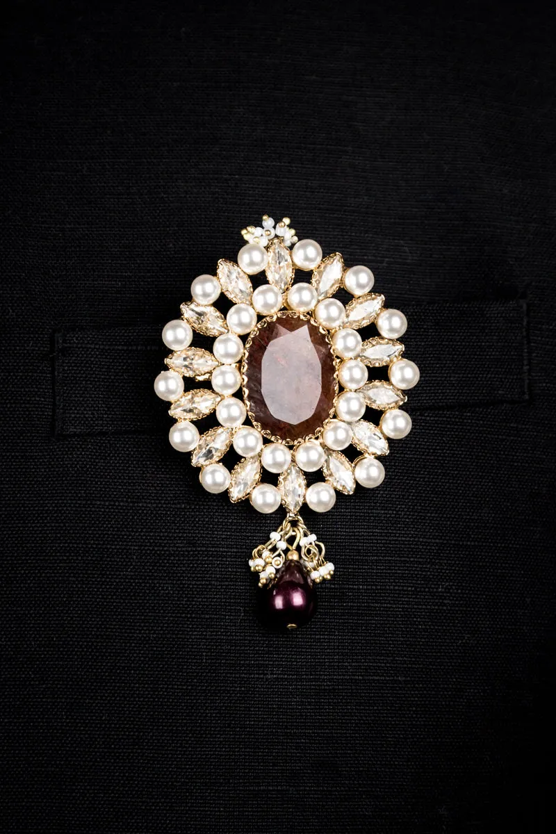 Peach Colored Stone and Pearl Encrusted Brooch