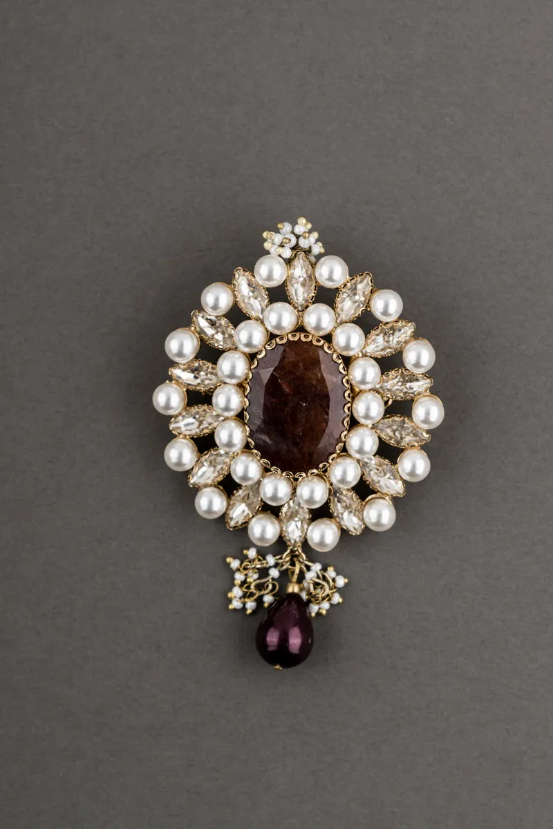 Peach Colored Stone and Pearl Encrusted Brooch