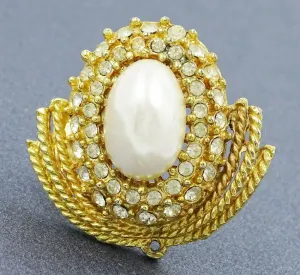 Pendant Brooch Faux Pearl & Rhinestone Gold Toned