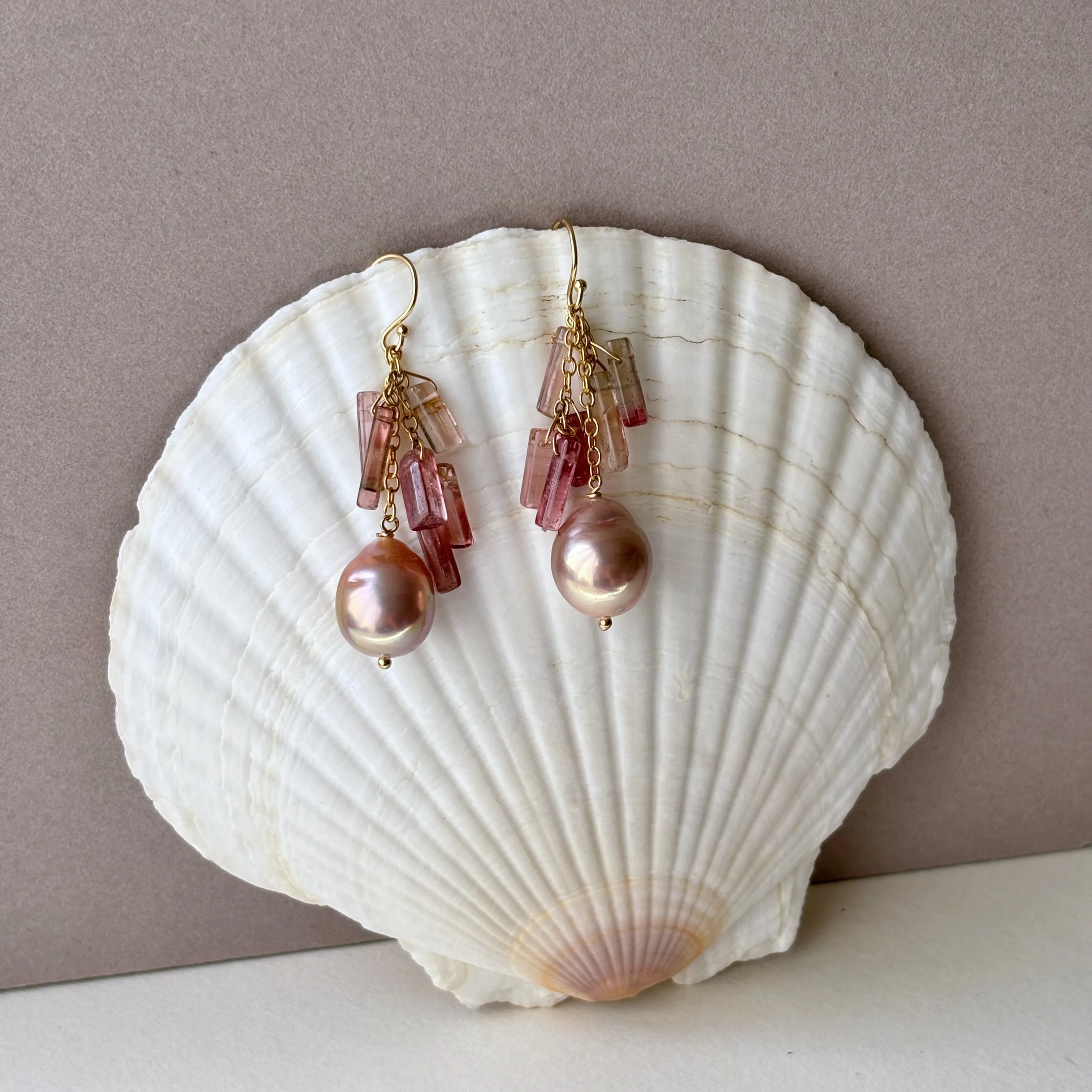 PINK PEARL AND TOURMALINE CRYSTAL "PEEK A BOO" EARRINGS