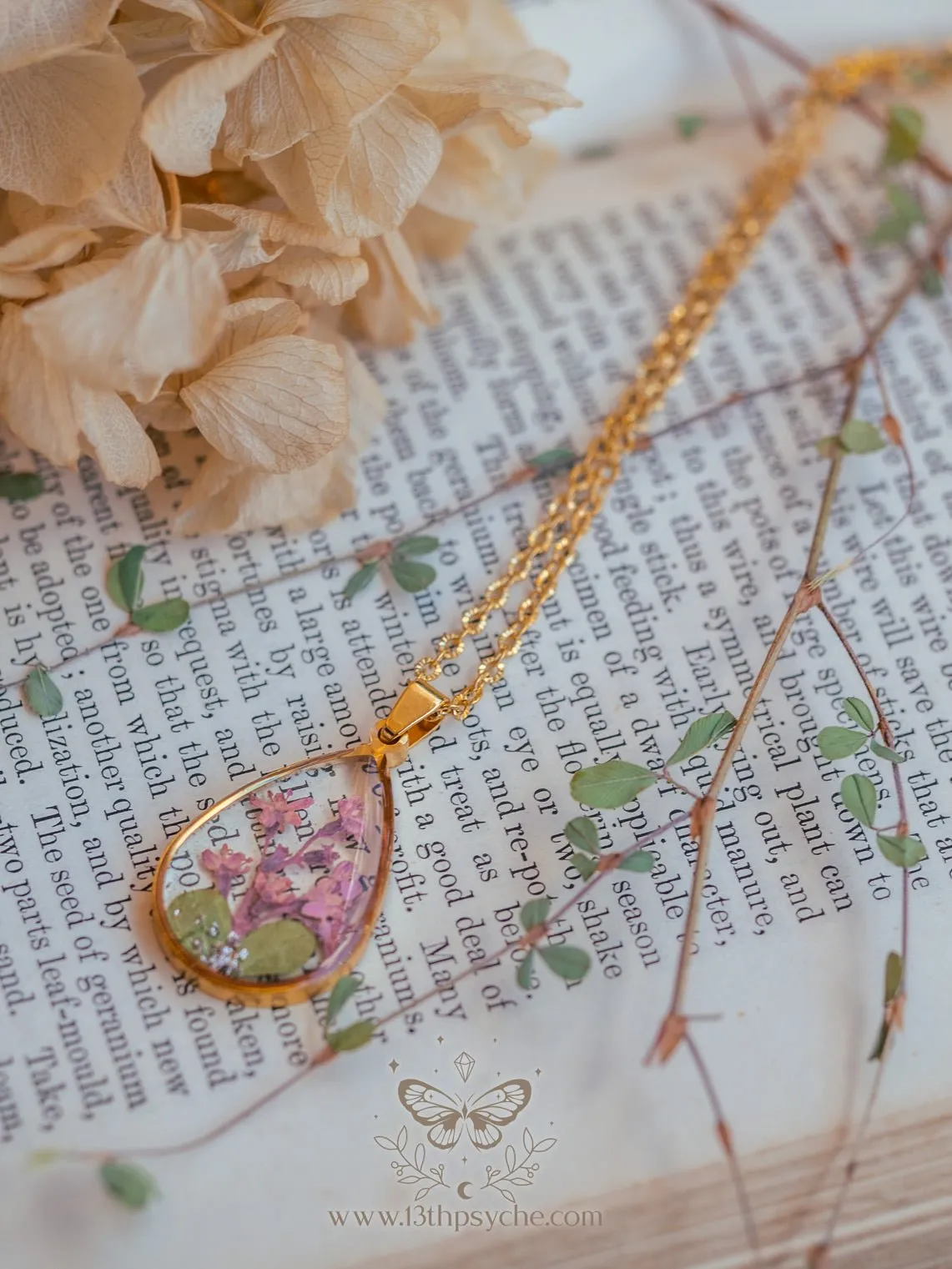 Pressed pink flowers teardrop resin pendant necklace