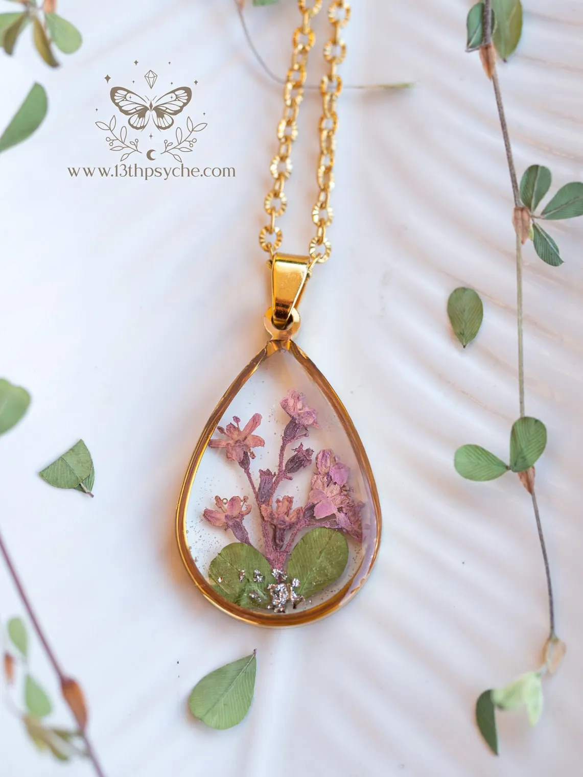 Pressed pink flowers teardrop resin pendant necklace