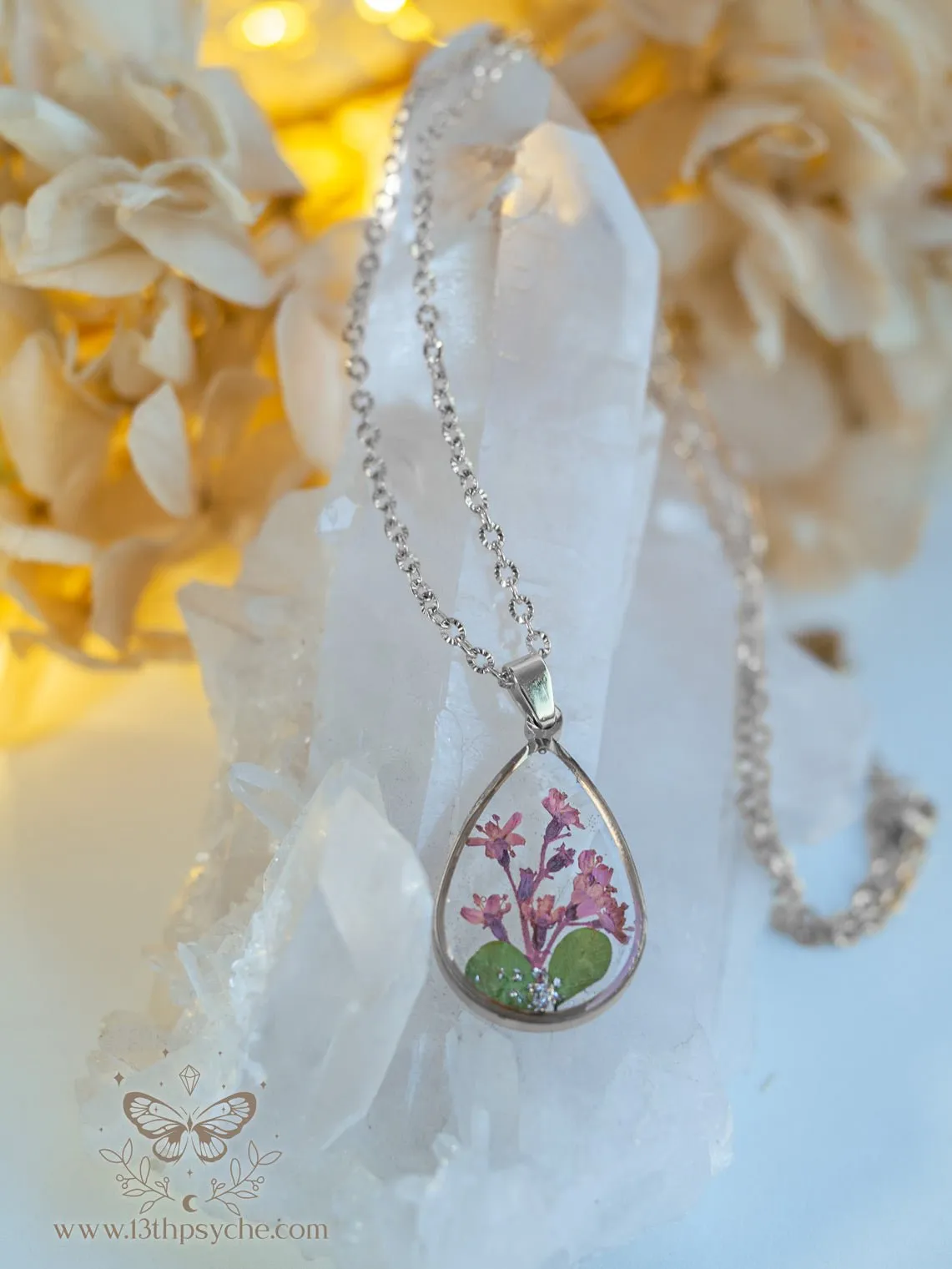 Pressed pink flowers teardrop resin pendant necklace