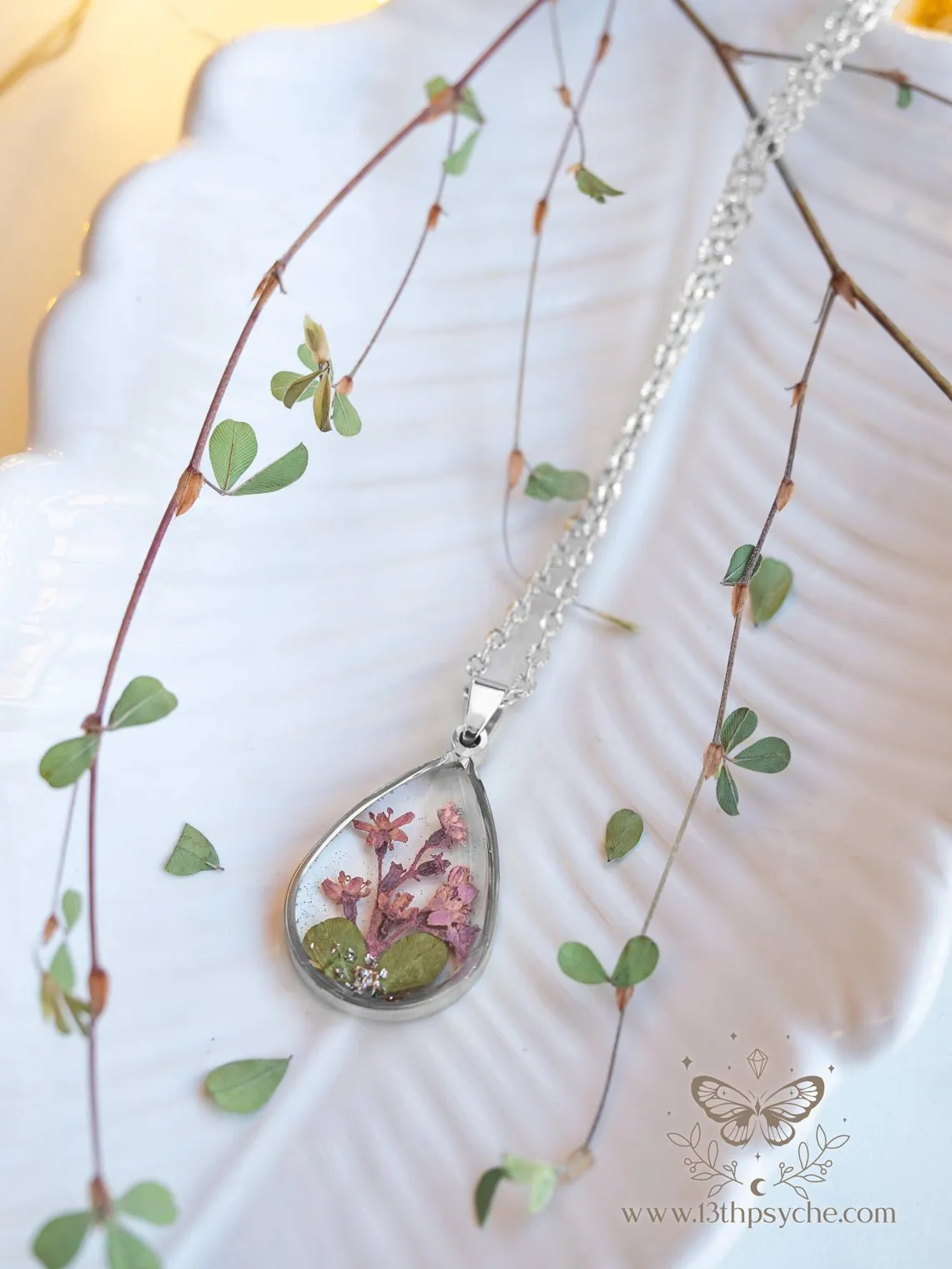 Pressed pink flowers teardrop resin pendant necklace