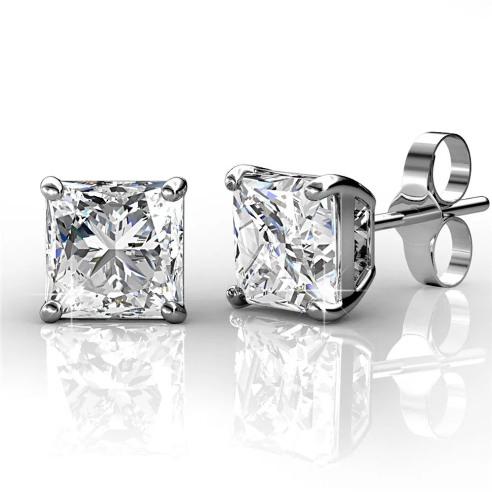 Quinn 18k White Gold Plated Stud Earrings with Princess Cut Swarovski Crystals