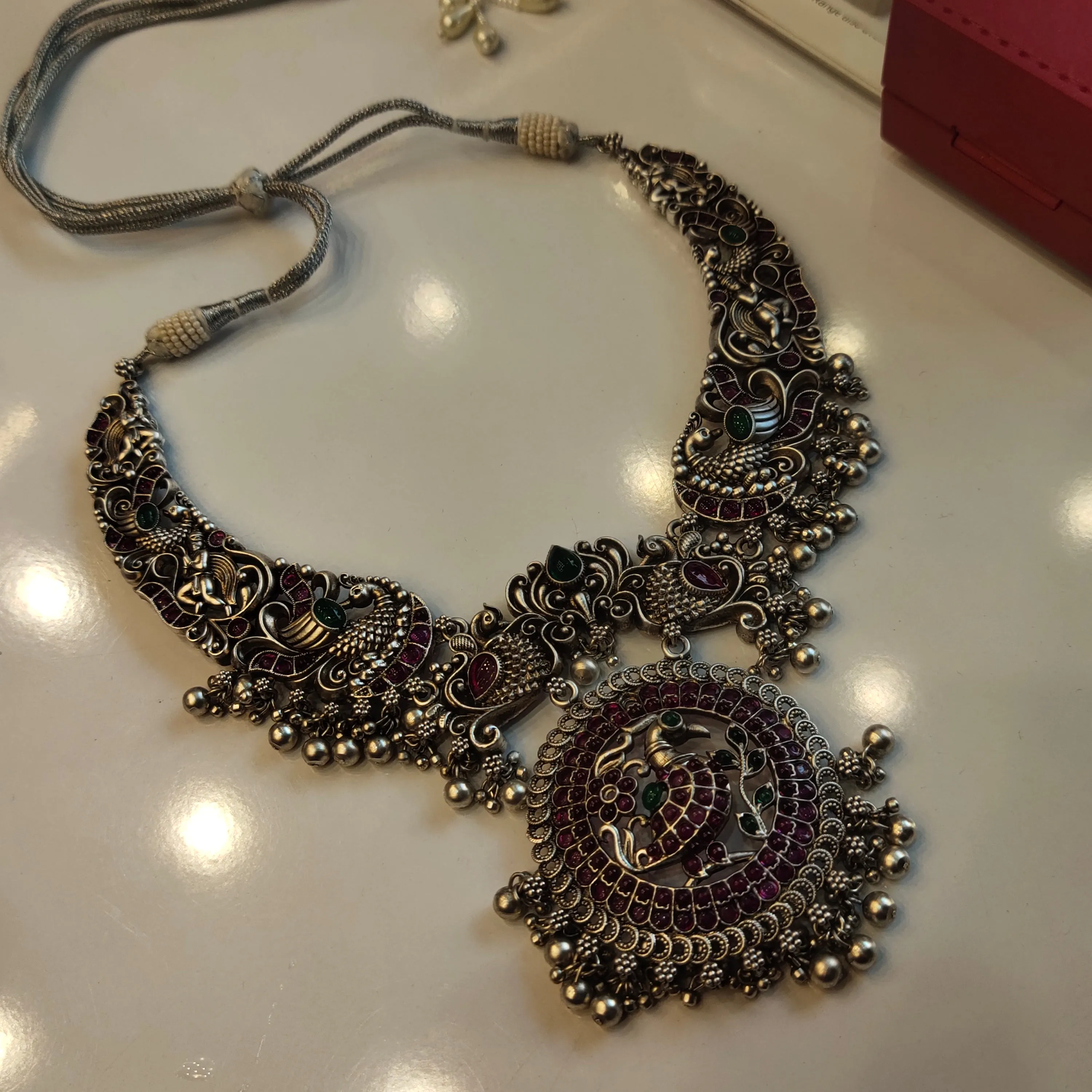 "Sparkling Elegance: The Oxidized Jermon Silver Peacock Necklace by ASP Fashion Jewellery"