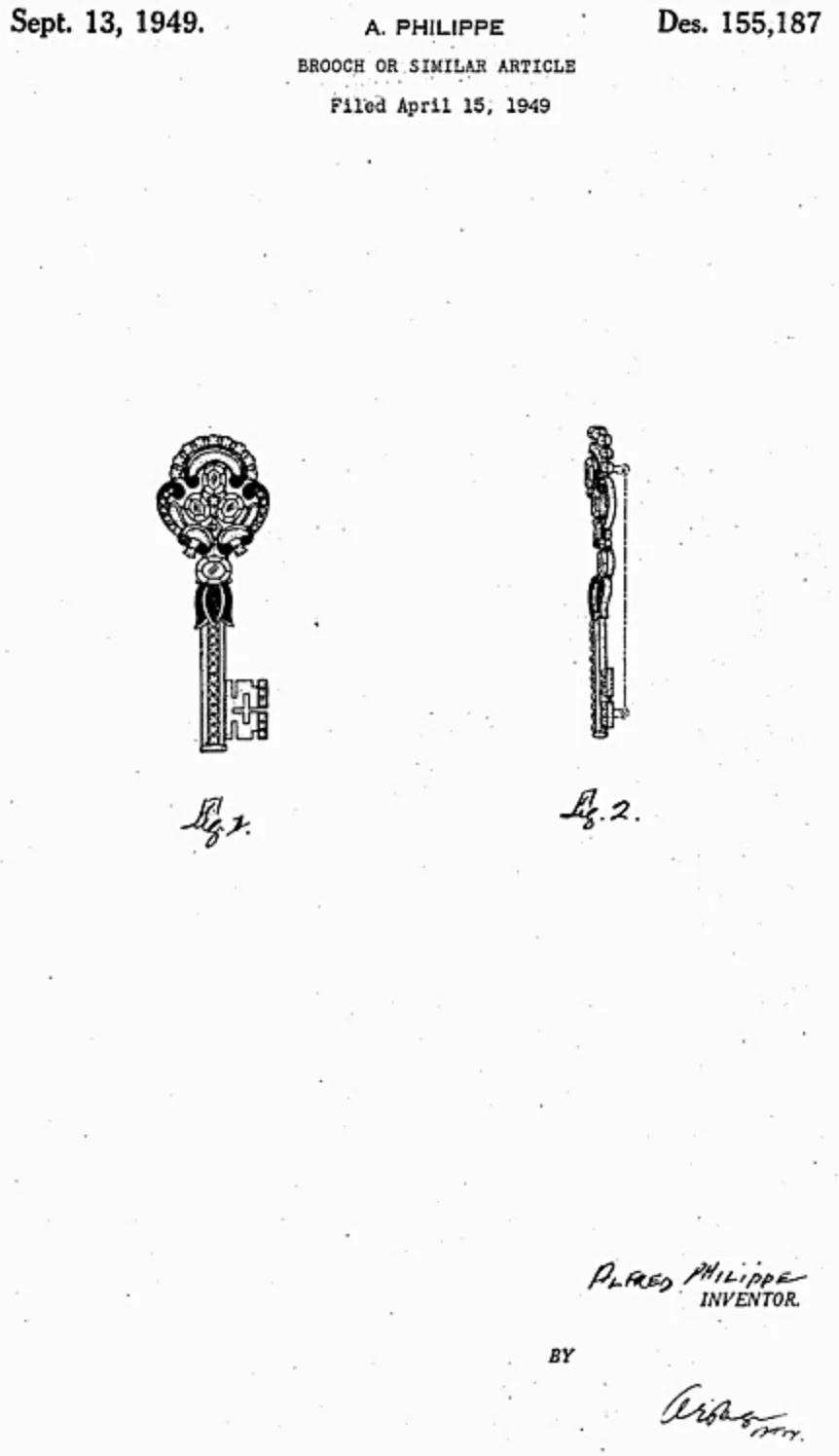 Rare vintage Trifari key brooch (unsigned), 1949 patent of an Alfred Philippe design