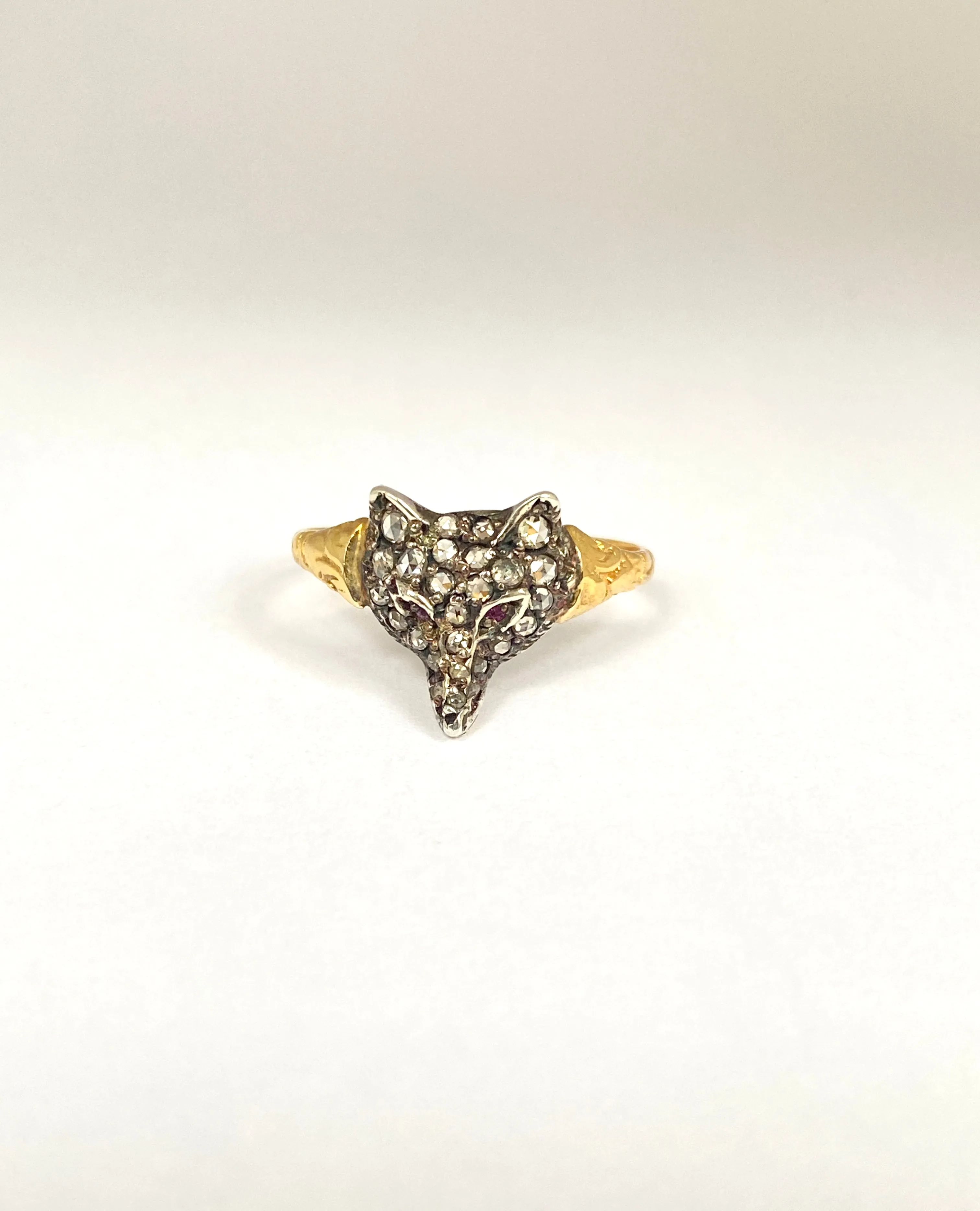 RESERVED FOR EUTHYMIA Vintage, 15ct Gold, Rose Cut Diamond and Ruby eyed Fox Head Ring