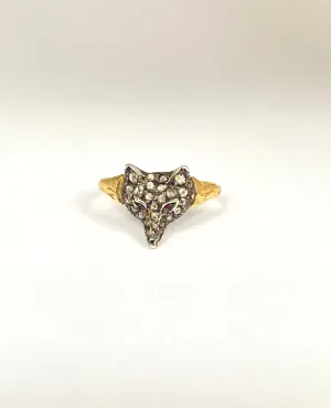 RESERVED FOR EUTHYMIA Vintage, 15ct Gold, Rose Cut Diamond and Ruby eyed Fox Head Ring