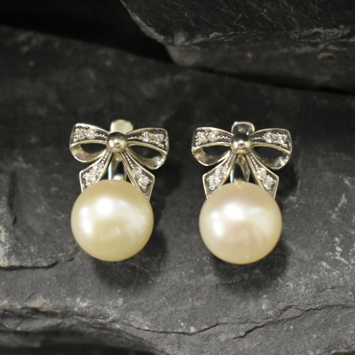 Ribbon Pearl Earrings - Natural Pearl Earrings - White Bow Studs