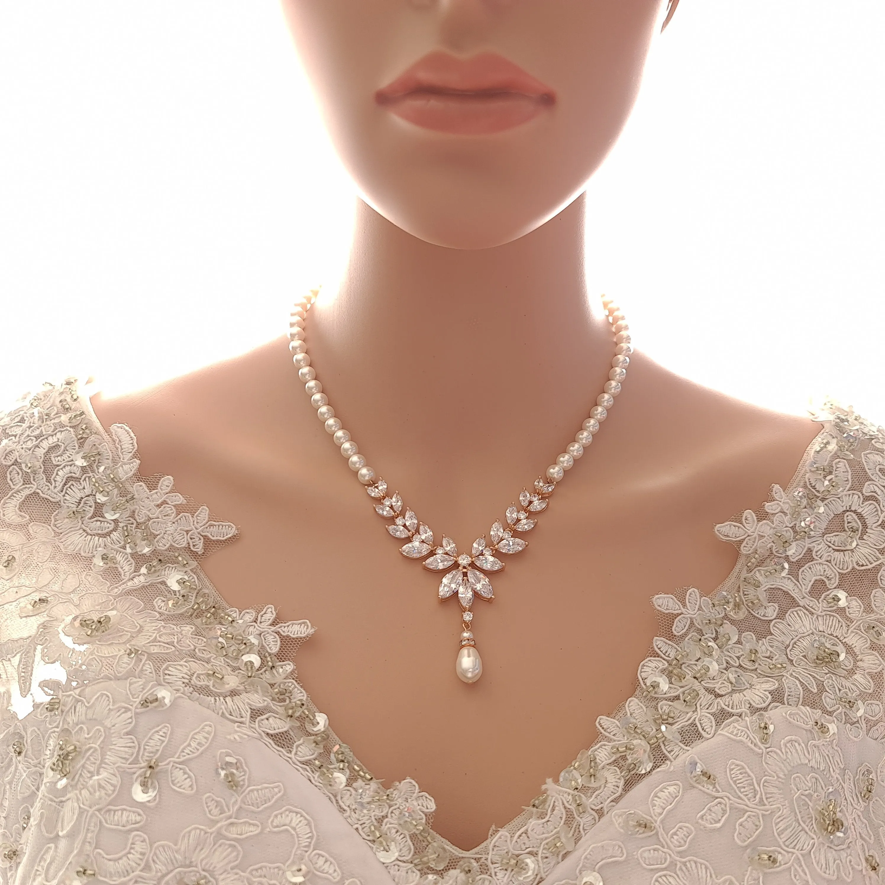 Rose Gold Back Necklace in Pearls With Separable Backdrops-Katie