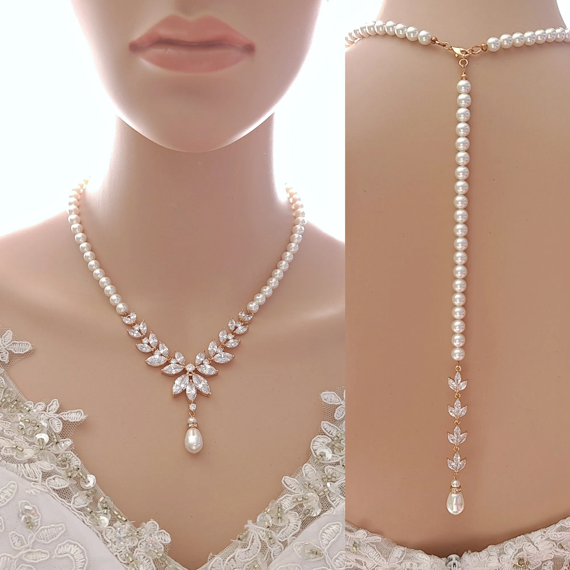 Rose Gold Back Necklace in Pearls With Separable Backdrops-Katie