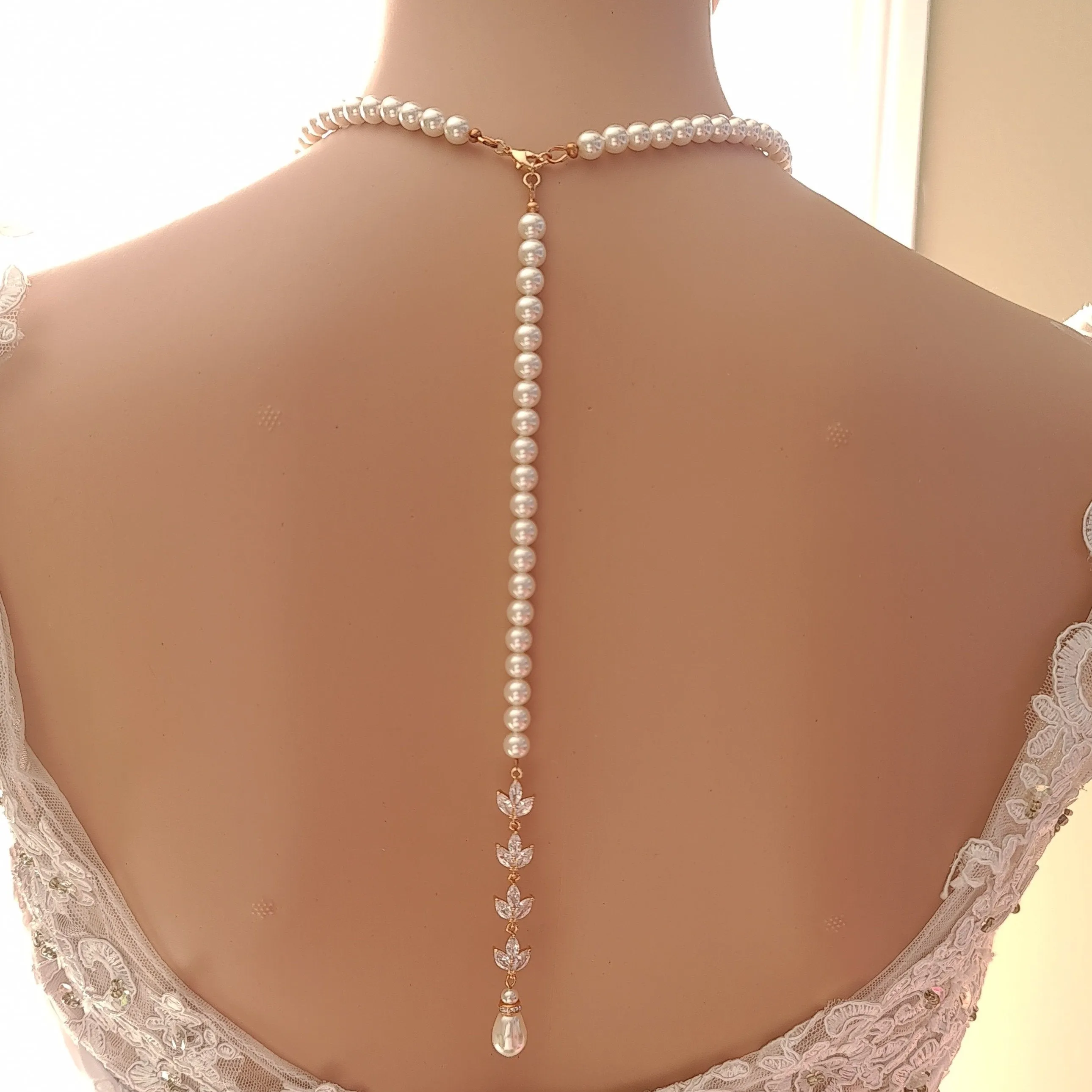 Rose Gold Back Necklace in Pearls With Separable Backdrops-Katie