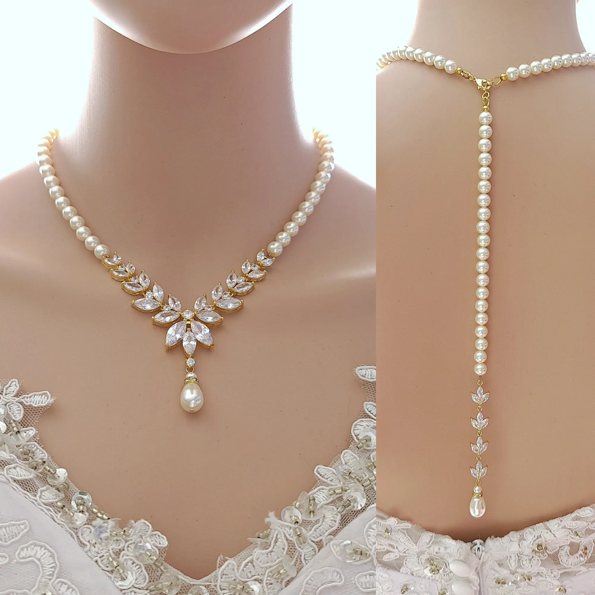 Rose Gold Back Necklace in Pearls With Separable Backdrops-Katie