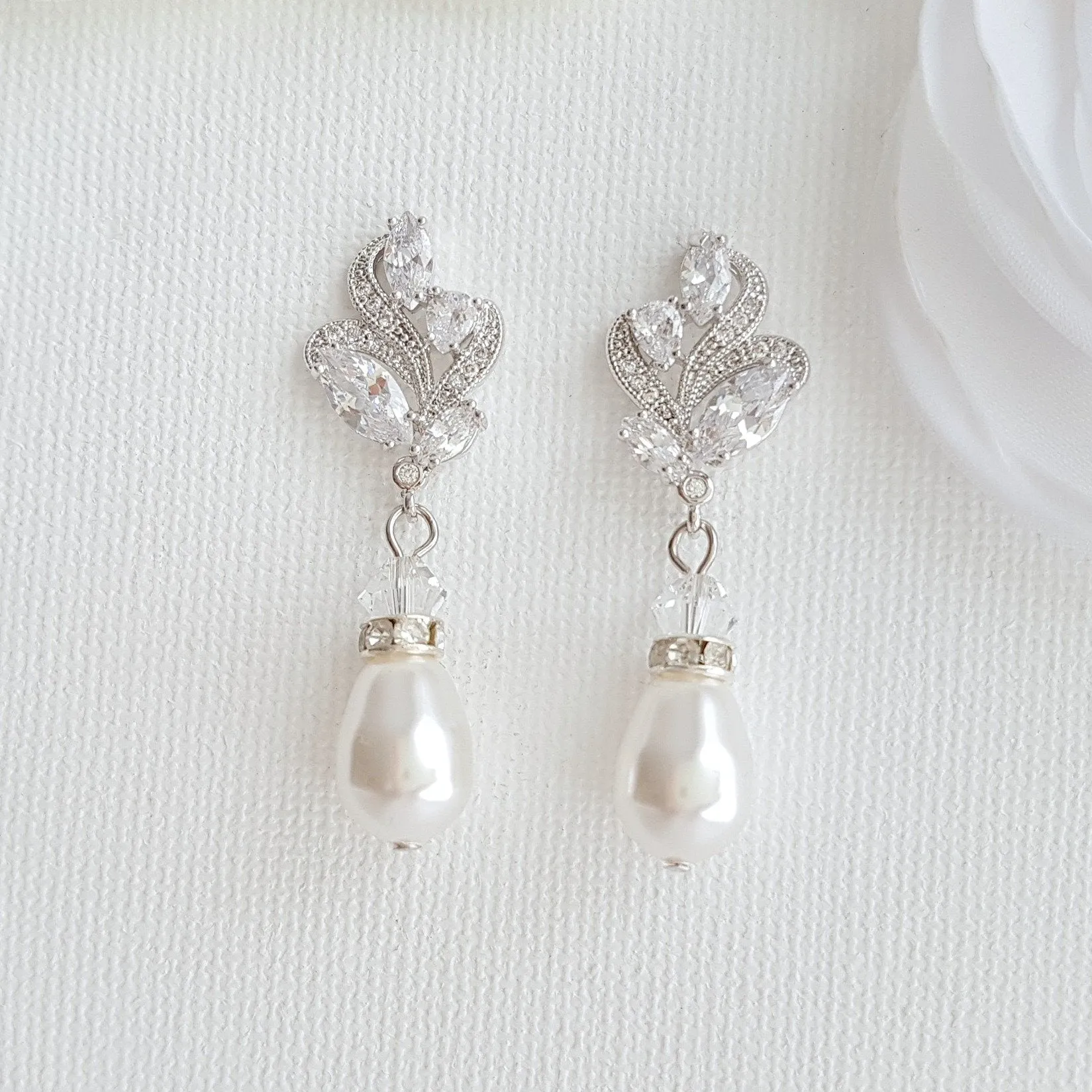 Silver Bridal Earrings With Pearl Drops-Wavy