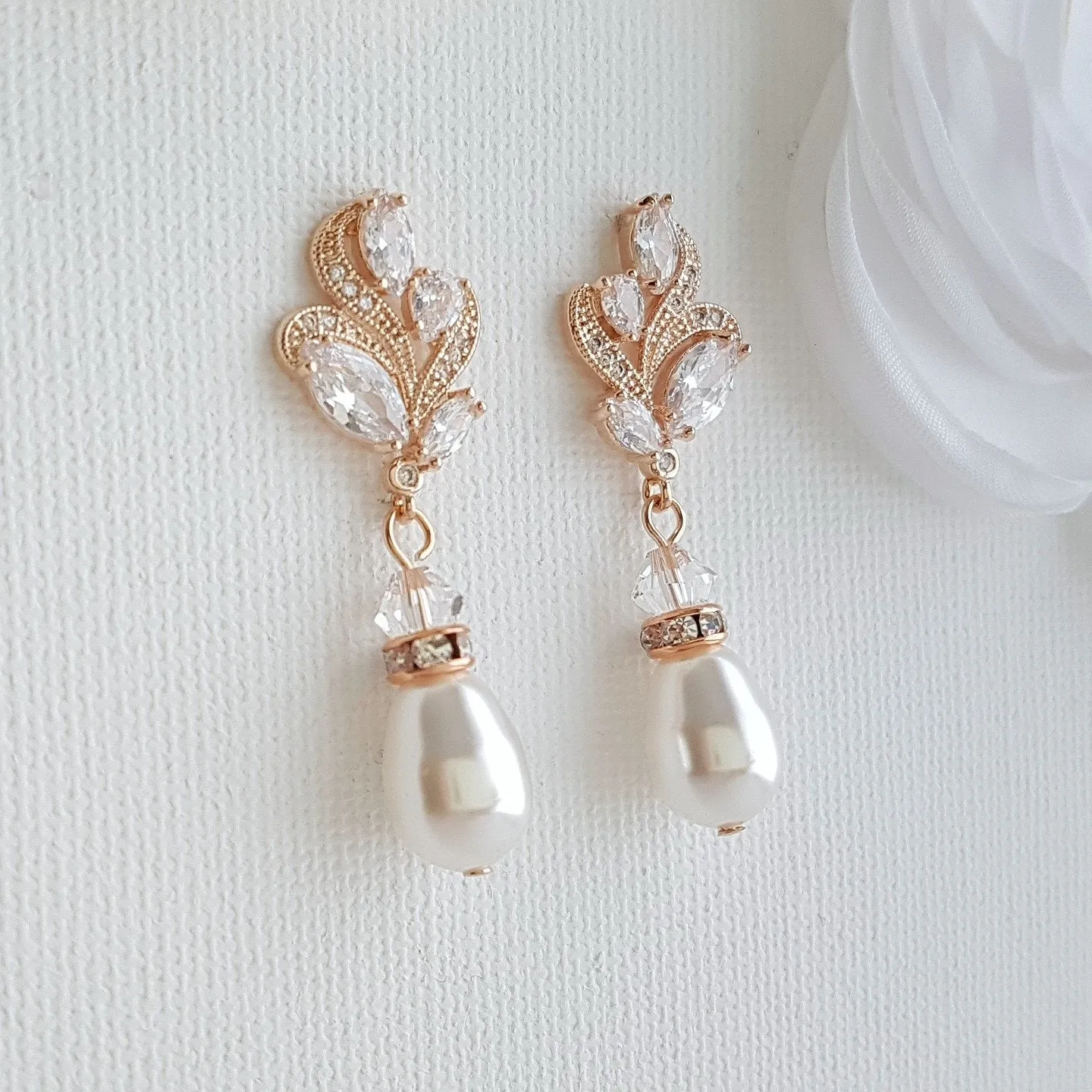 Silver Bridal Earrings With Pearl Drops-Wavy