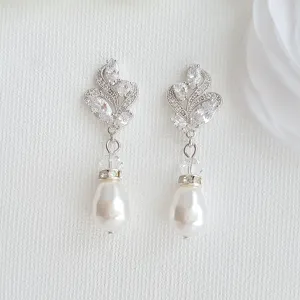 Silver Bridal Earrings With Pearl Drops-Wavy