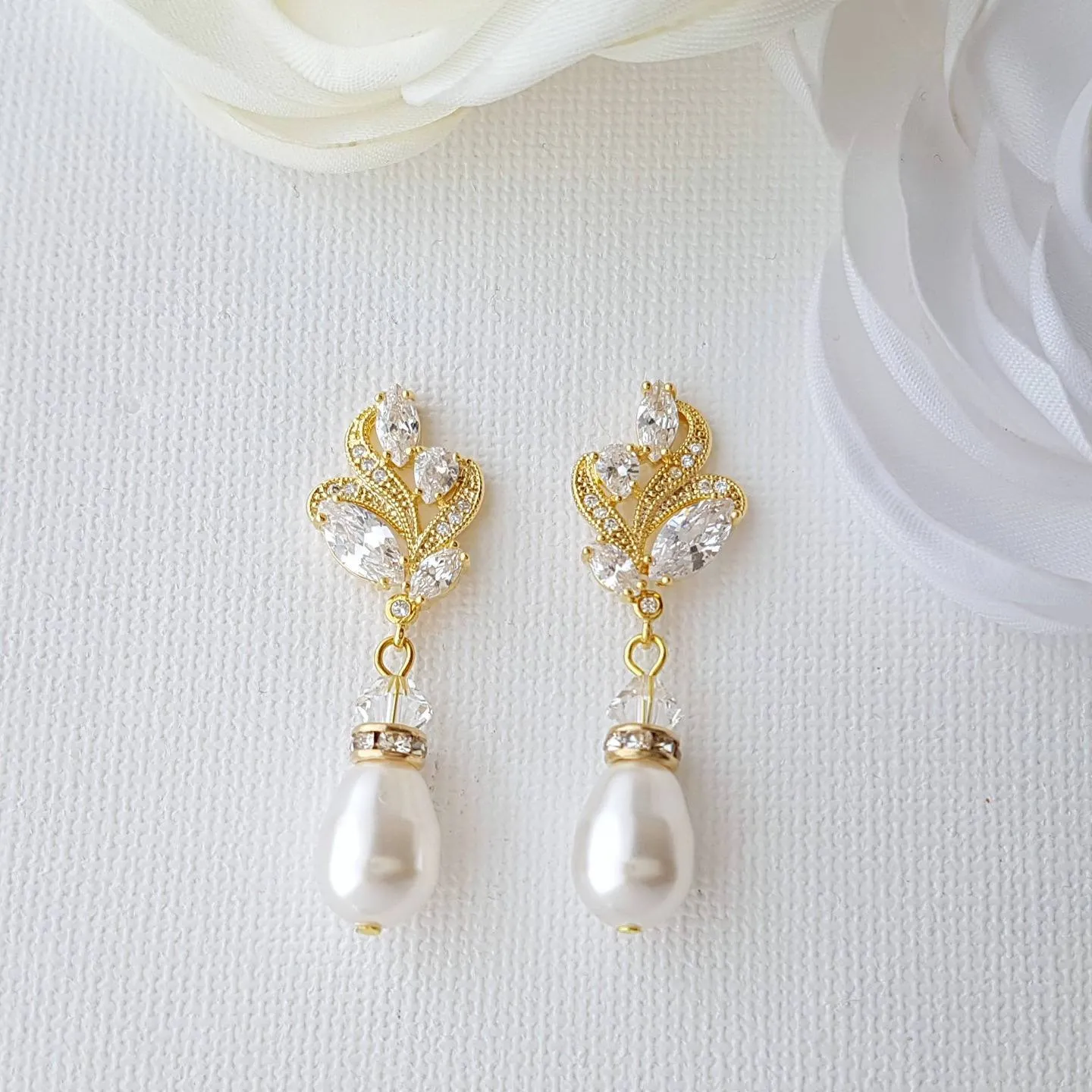 Silver Bridal Earrings With Pearl Drops-Wavy