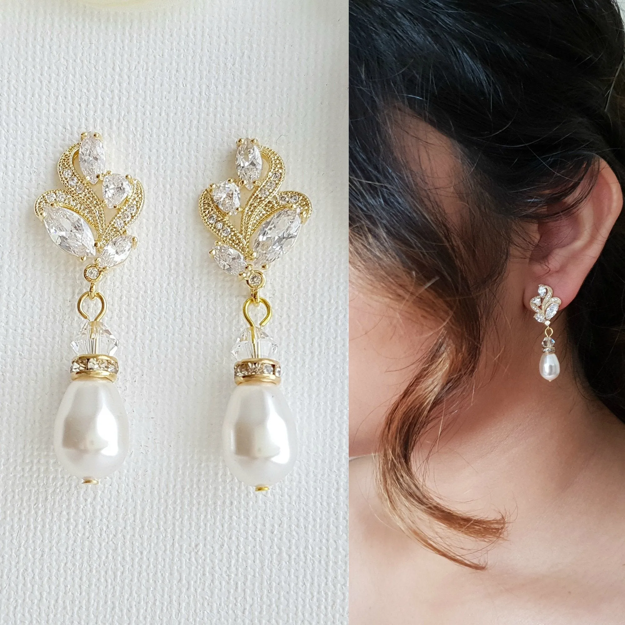 Silver Bridal Earrings With Pearl Drops-Wavy