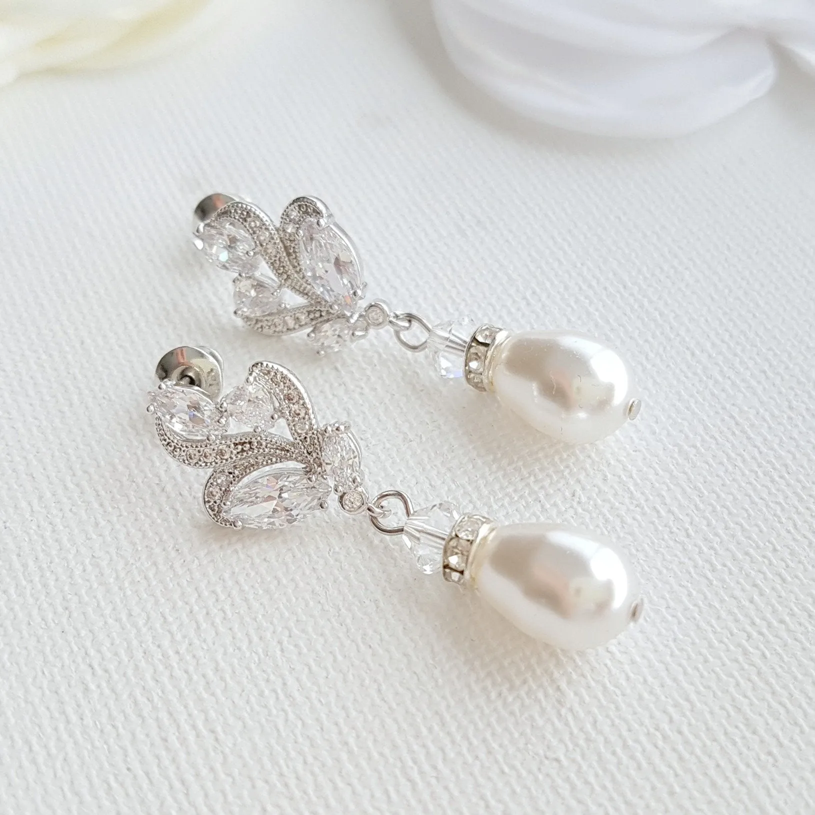 Silver Bridal Earrings With Pearl Drops-Wavy