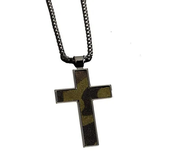 Silver Strike Gunmetal Camo Cross Necklace