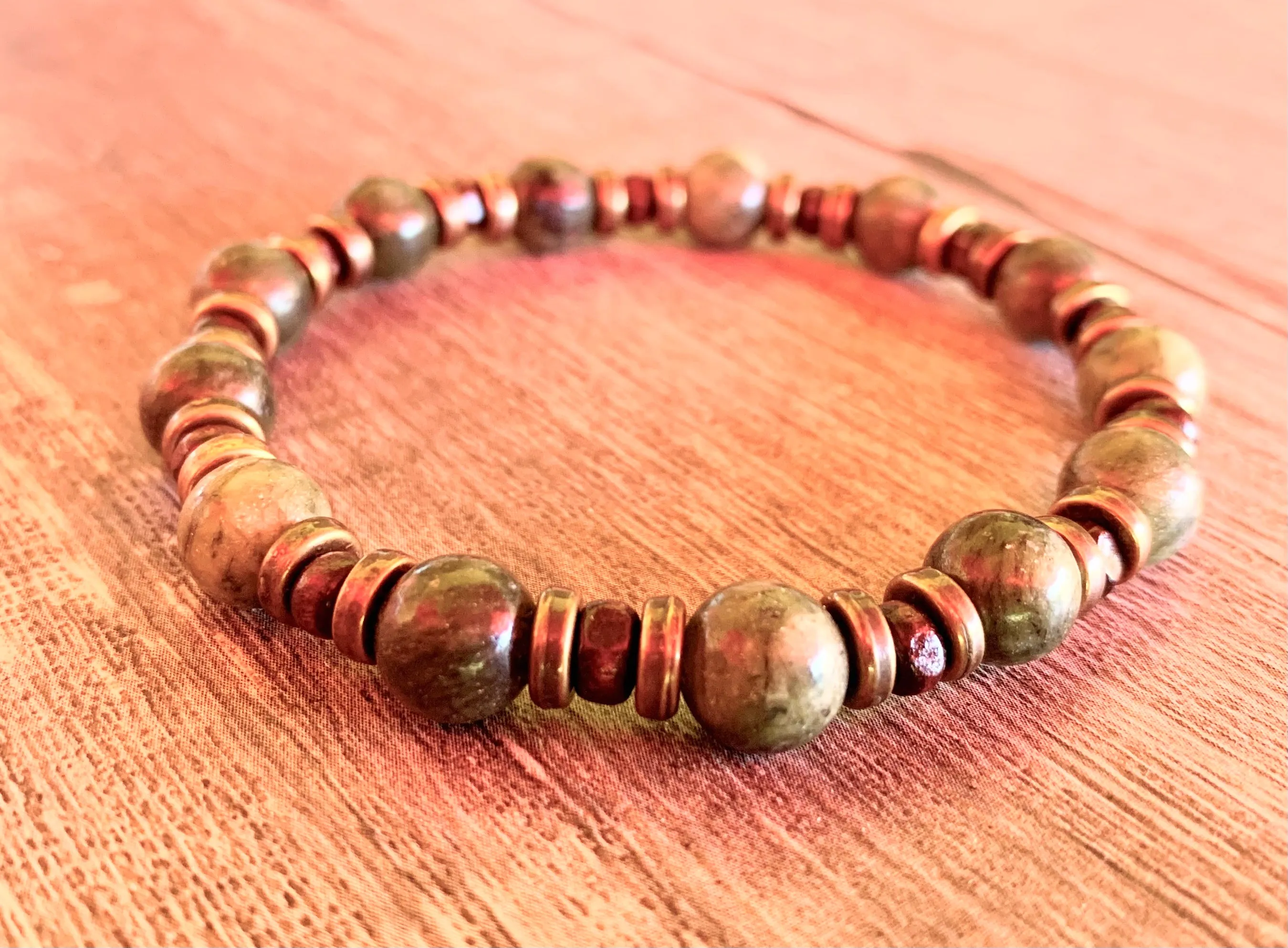 🔴SOLD🔴 Jamie Handmade Chinese Green Jade, Wood, and Antique Gold Expandable Bracelet