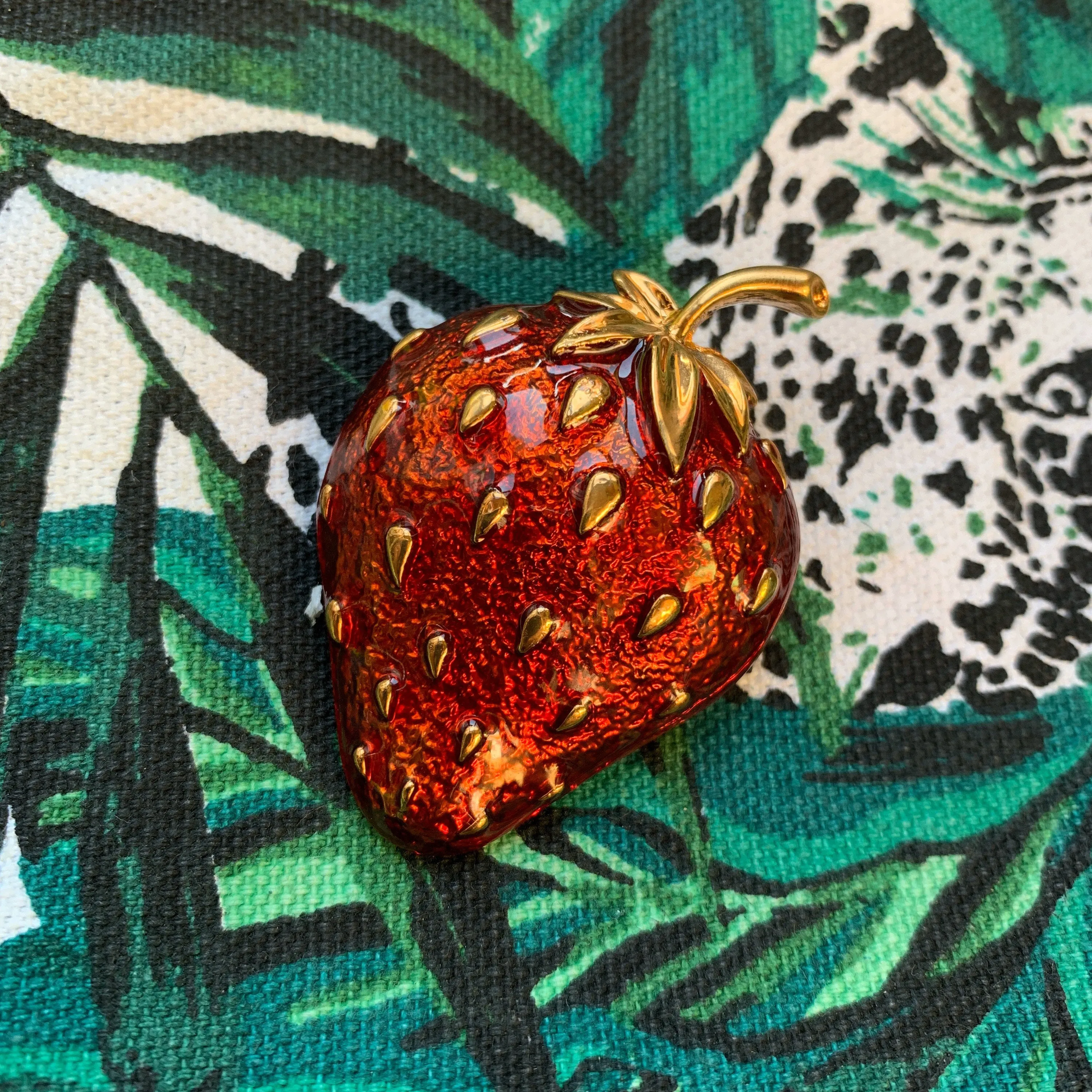 Strawberry Brooch Red Enamel Gold Fruit Pin