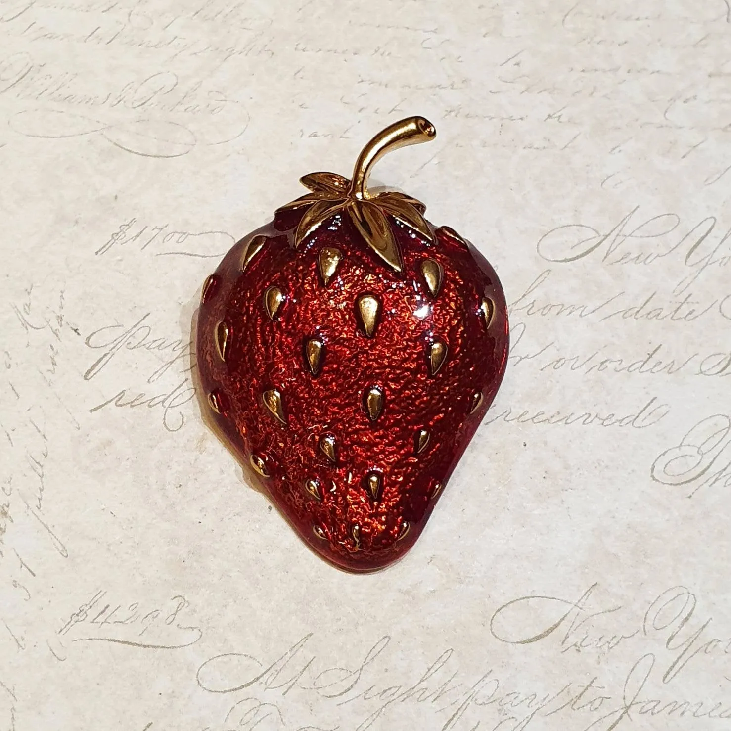 Strawberry Brooch Red Enamel Gold Fruit Pin