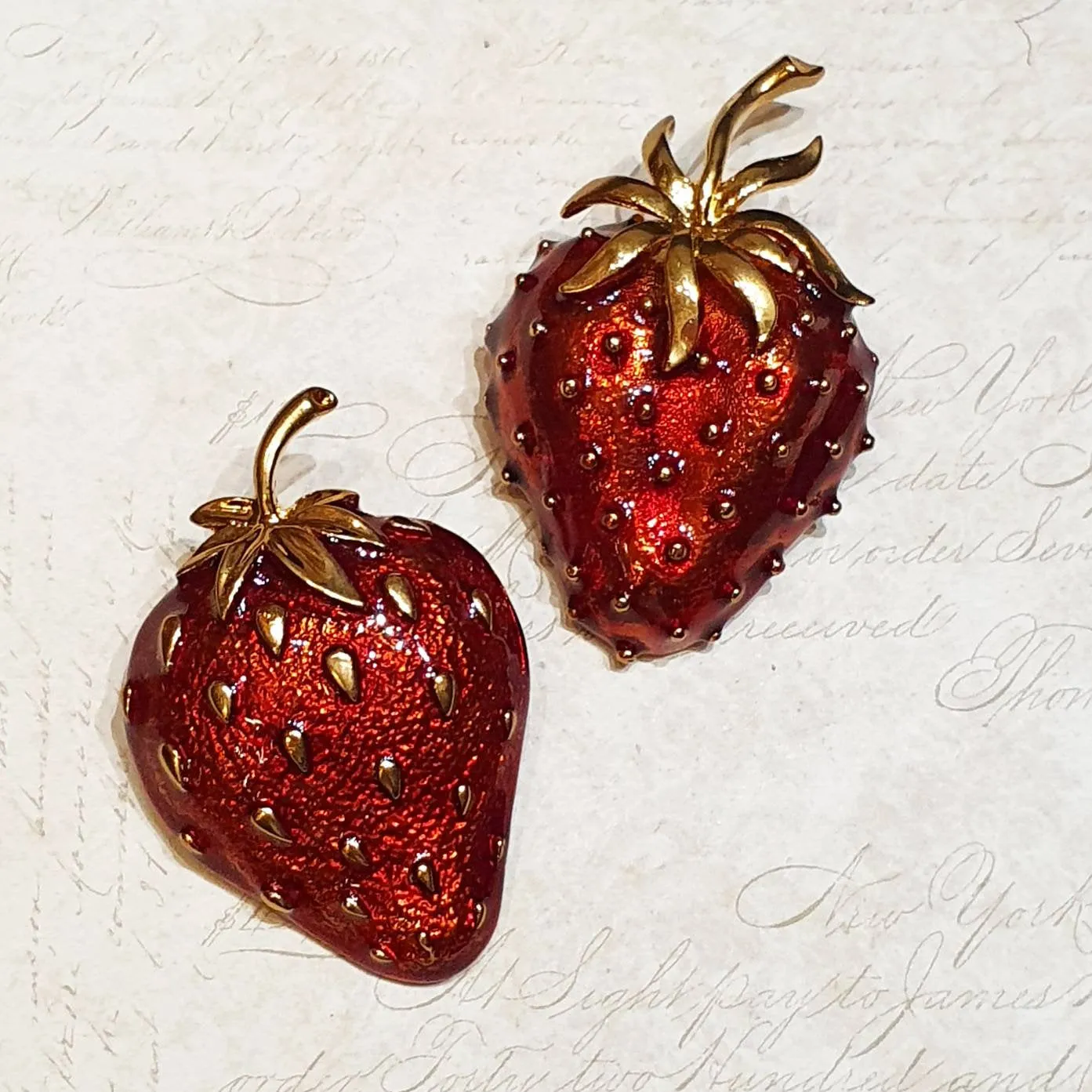 Strawberry Brooch Red Enamel Gold Fruit Pin