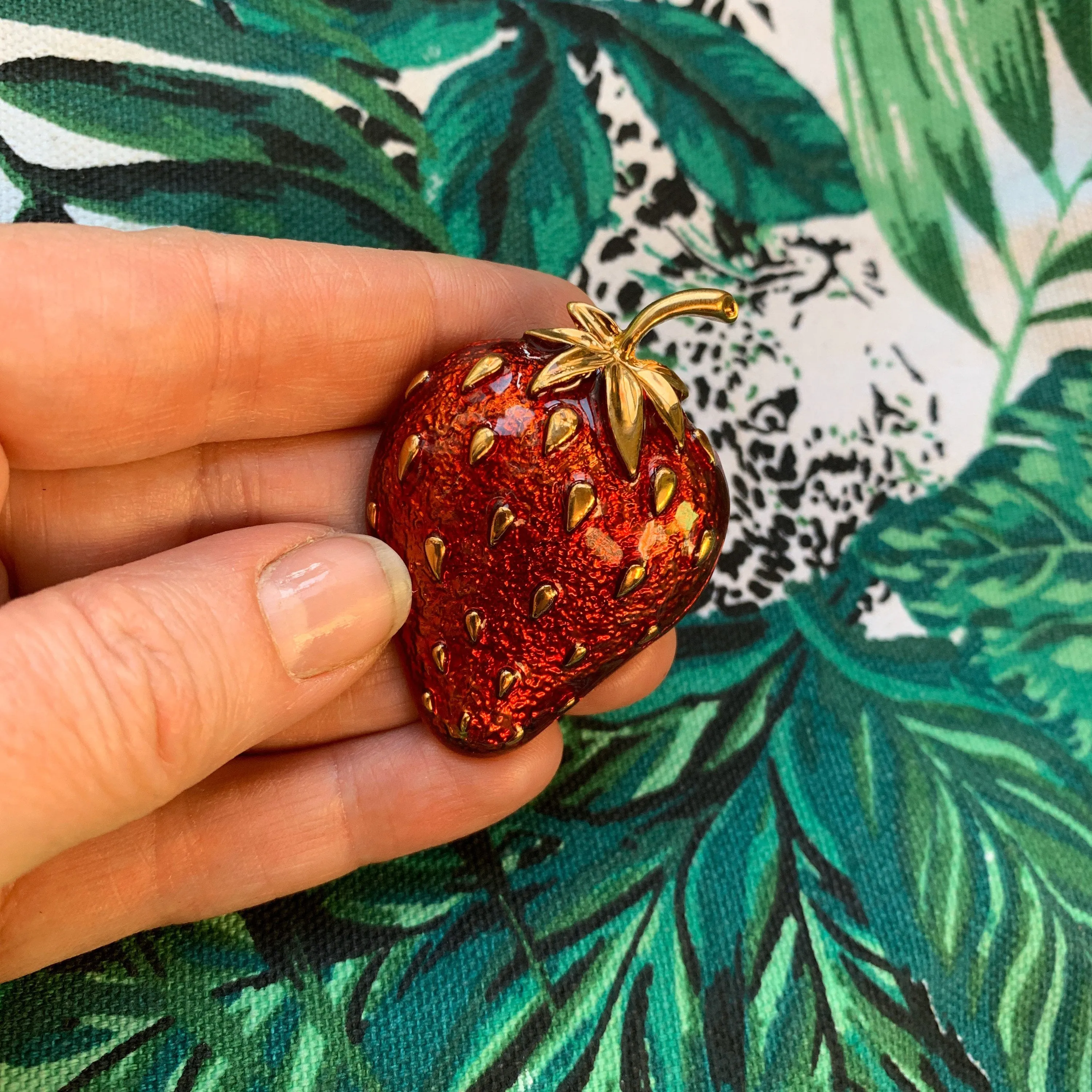 Strawberry Brooch Red Enamel Gold Fruit Pin