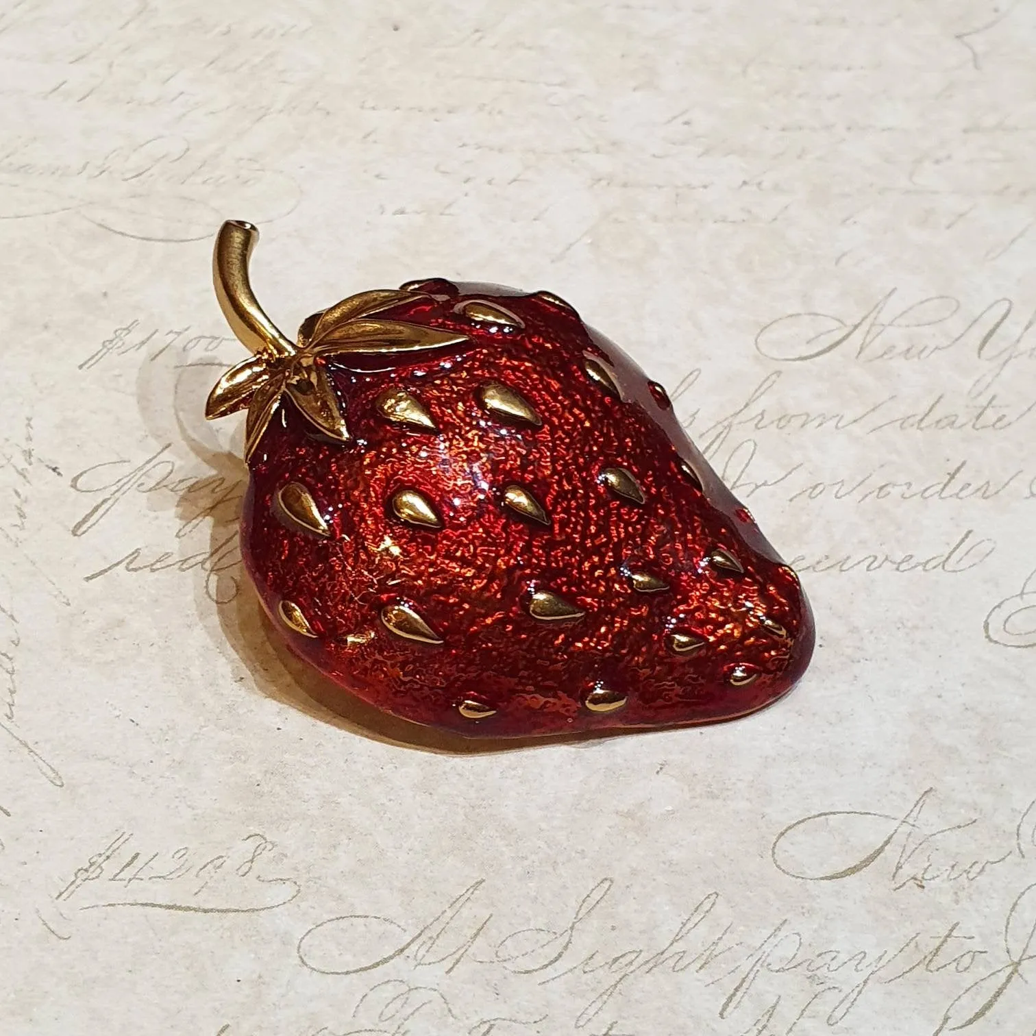 Strawberry Brooch Red Enamel Gold Fruit Pin