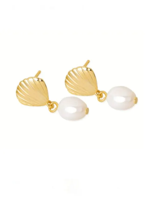 Summer Seashell Pearl Earrings, 18k Gold Plated .925 Sterling Silver Freshwater Pearl Post Statement Earrings