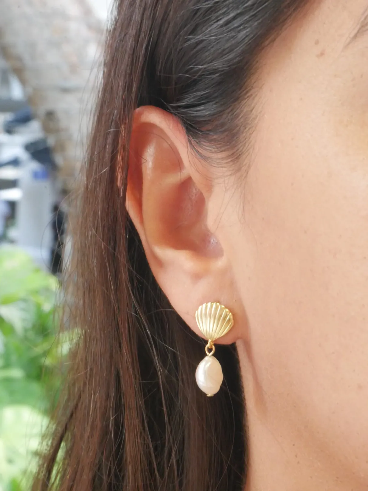 Summer Seashell Pearl Earrings, 18k Gold Plated .925 Sterling Silver Freshwater Pearl Post Statement Earrings