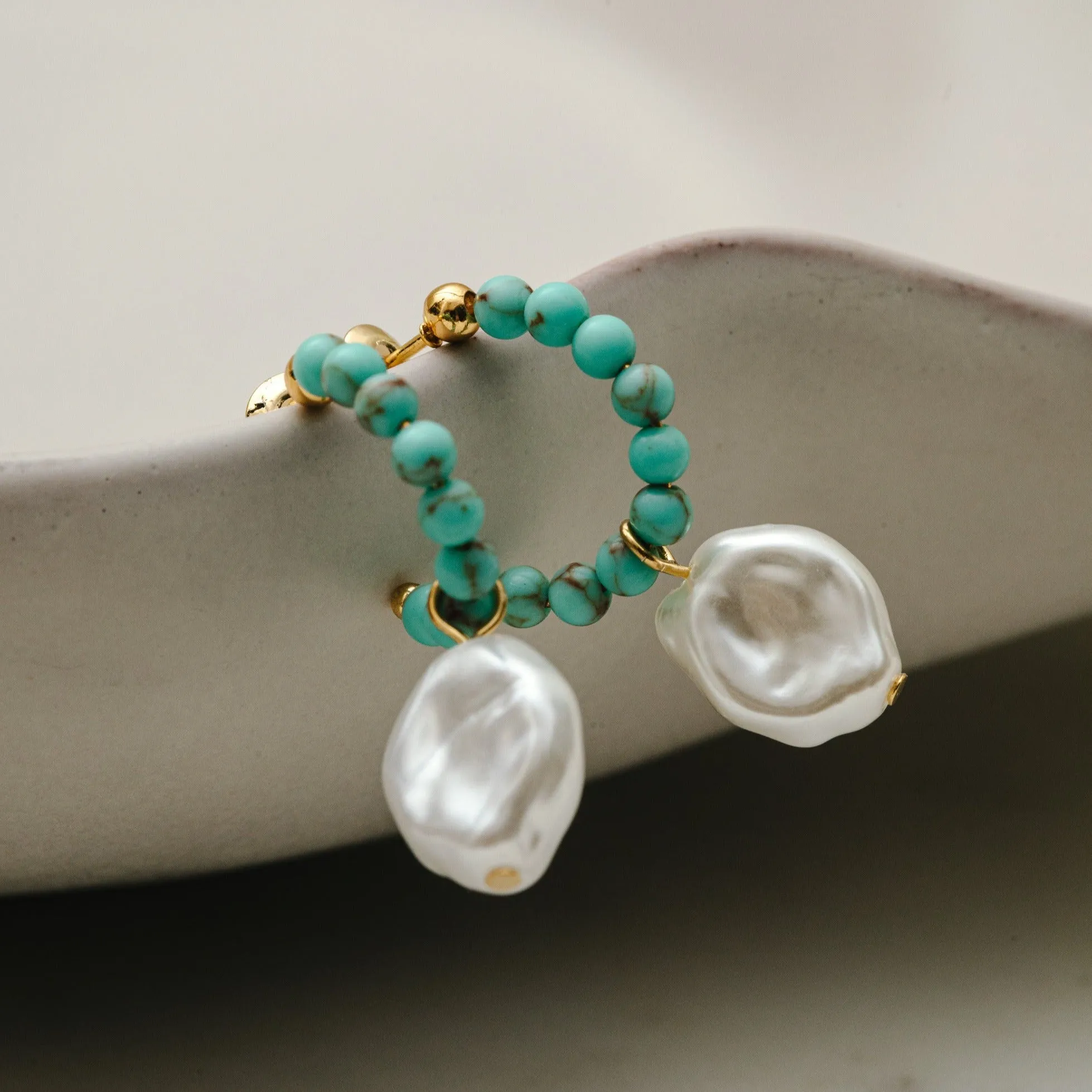 Turqouise Hoop & Pearl Drop Earrings