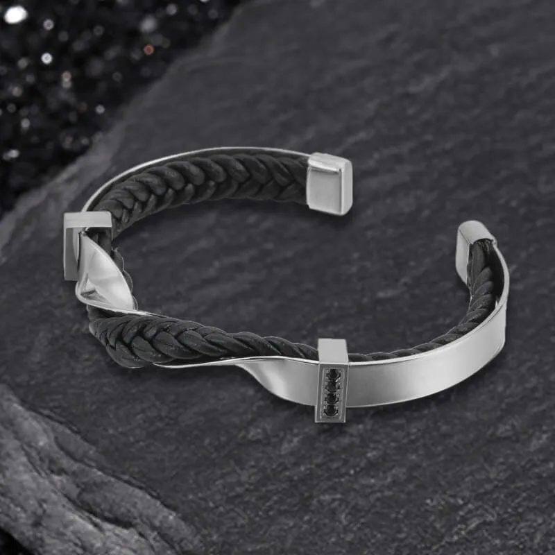 Twisted Diamond Stainless Steel and Leather Open Bracelet