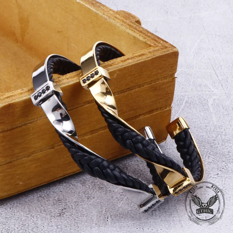 Twisted Diamond Stainless Steel and Leather Open Bracelet