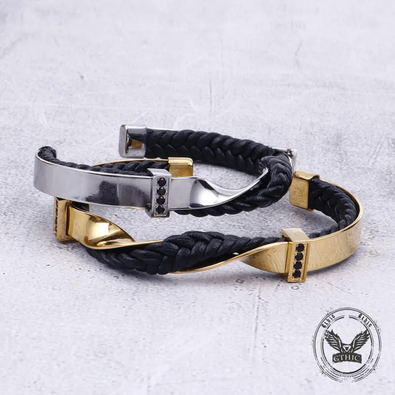 Twisted Diamond Stainless Steel and Leather Open Bracelet