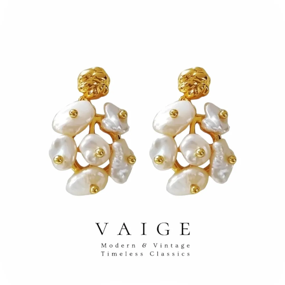 VAIGE Golden Asymmetrical Irregular Pearl Dangle Earrings