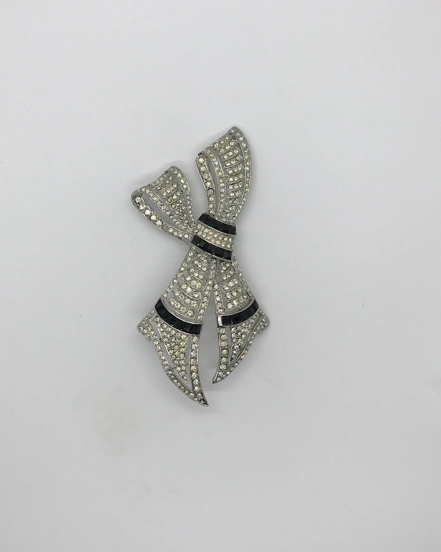 Very Large Deco Style Black and White Stone Bow Brooch