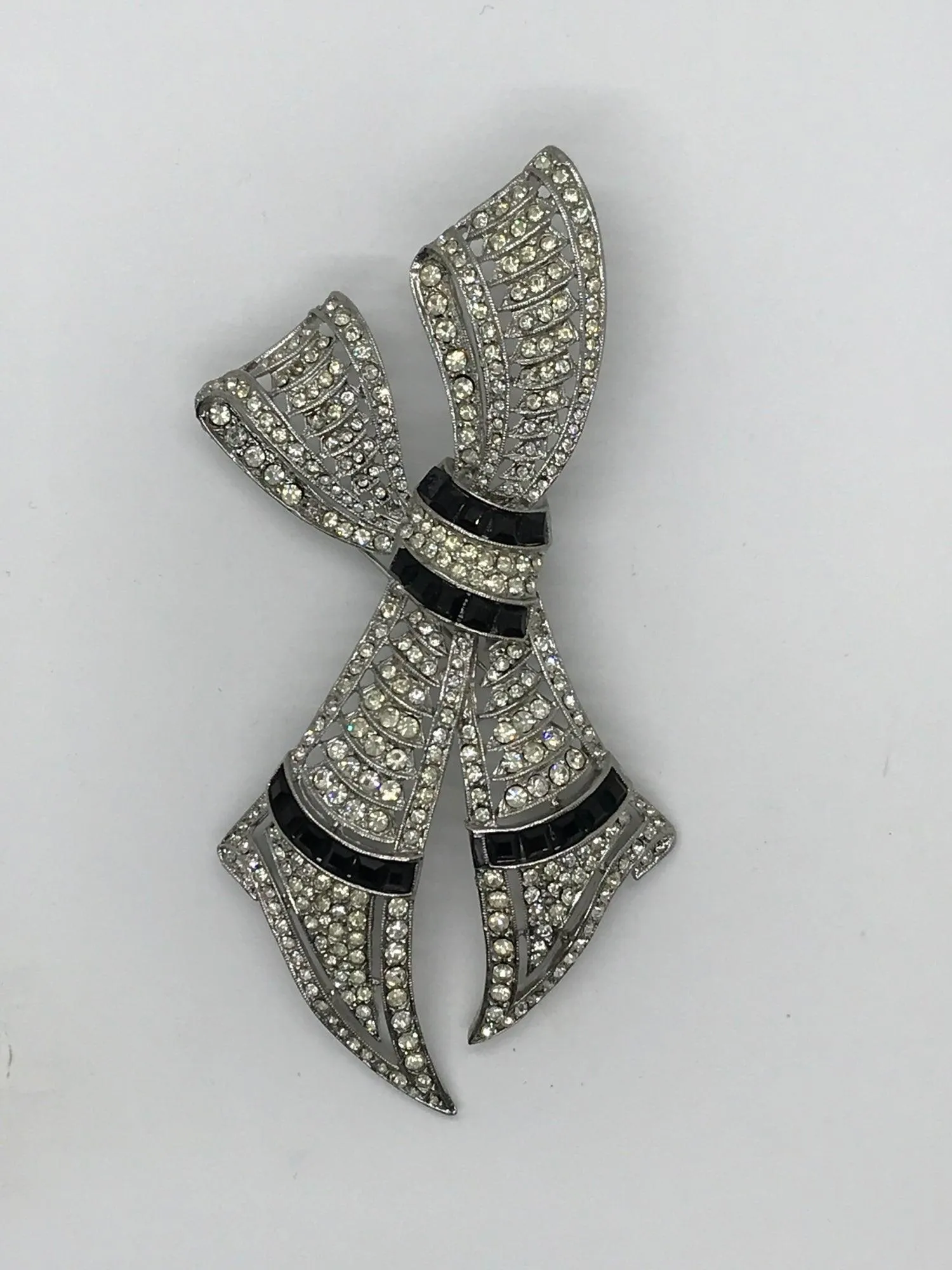 Very Large Deco Style Black and White Stone Bow Brooch