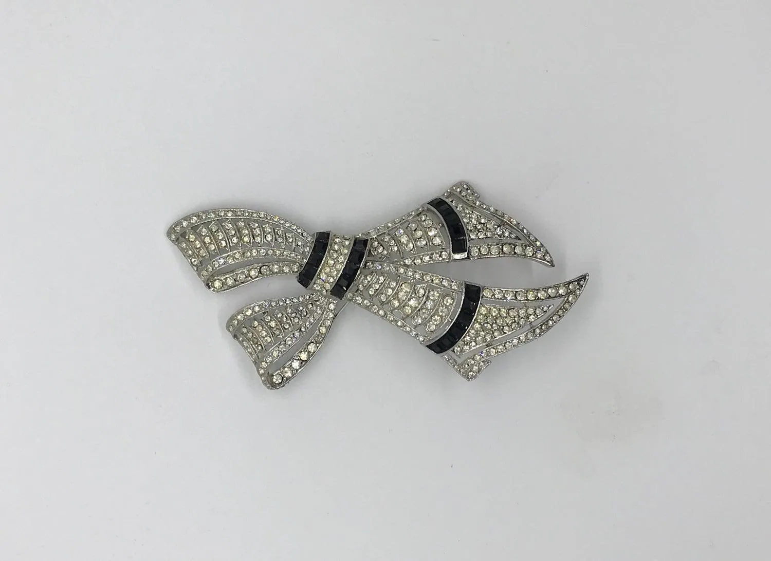 Very Large Deco Style Black and White Stone Bow Brooch