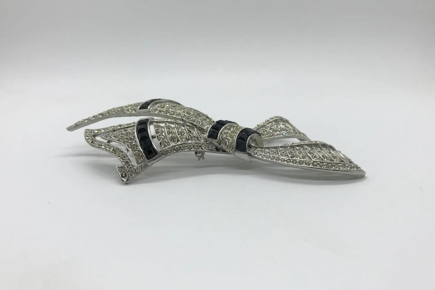 Very Large Deco Style Black and White Stone Bow Brooch