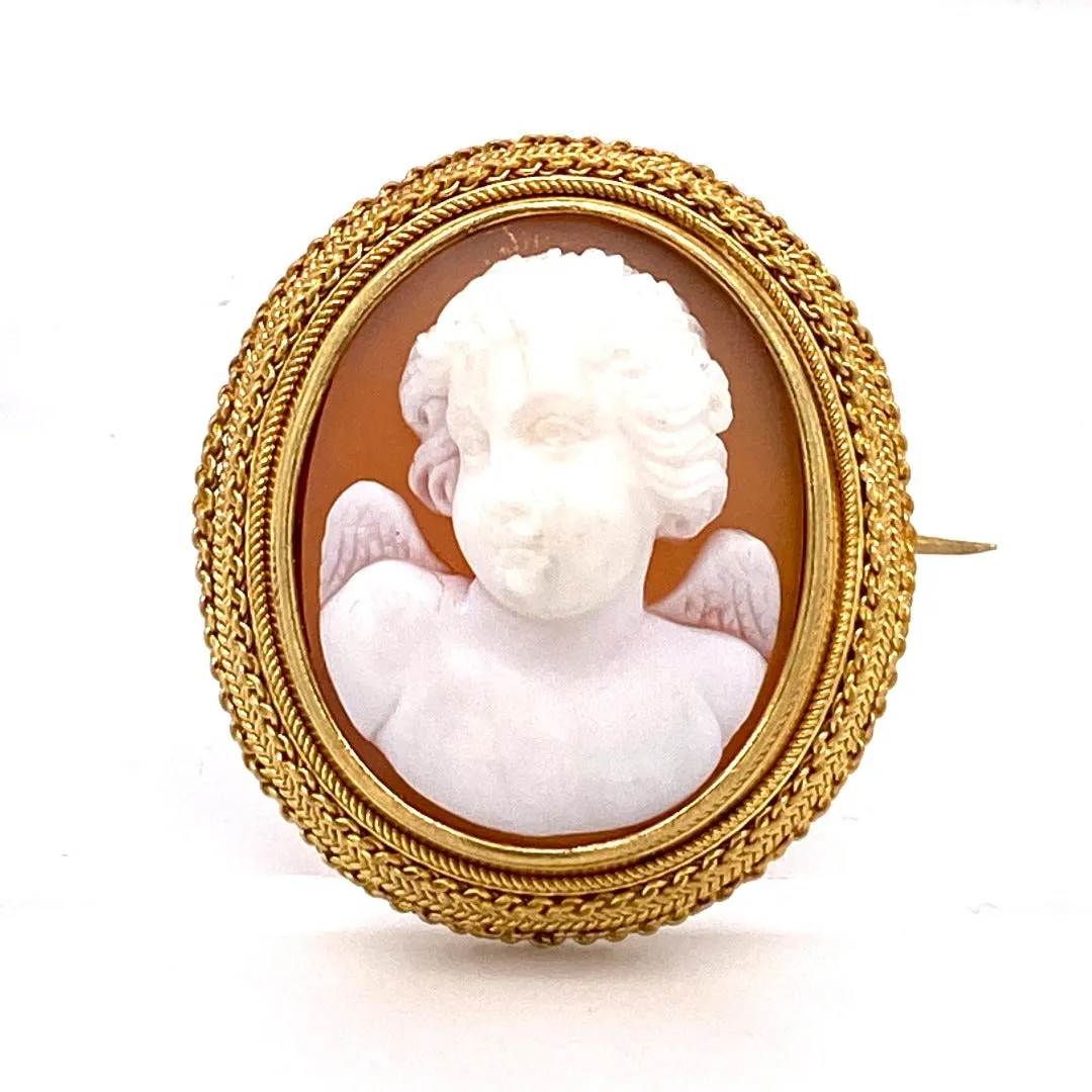 Victorian Cherub Cameo 15K Yellow Gold Brooch