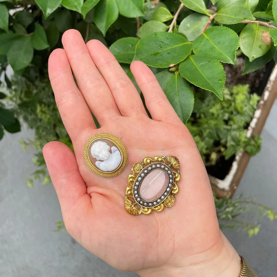 Victorian Cherub Cameo 15K Yellow Gold Brooch