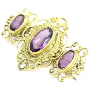 Victorian Neck Brooch 3 Amethyst Stones Bezel Set Ornate Gold Wash Setting 1 3/4"